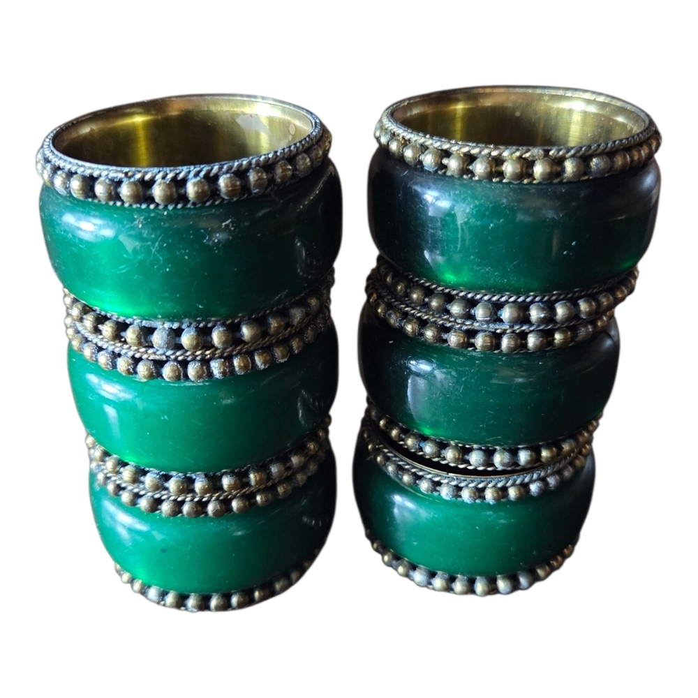 Emeraled Green and Brass Napkin Rings Set Of 6